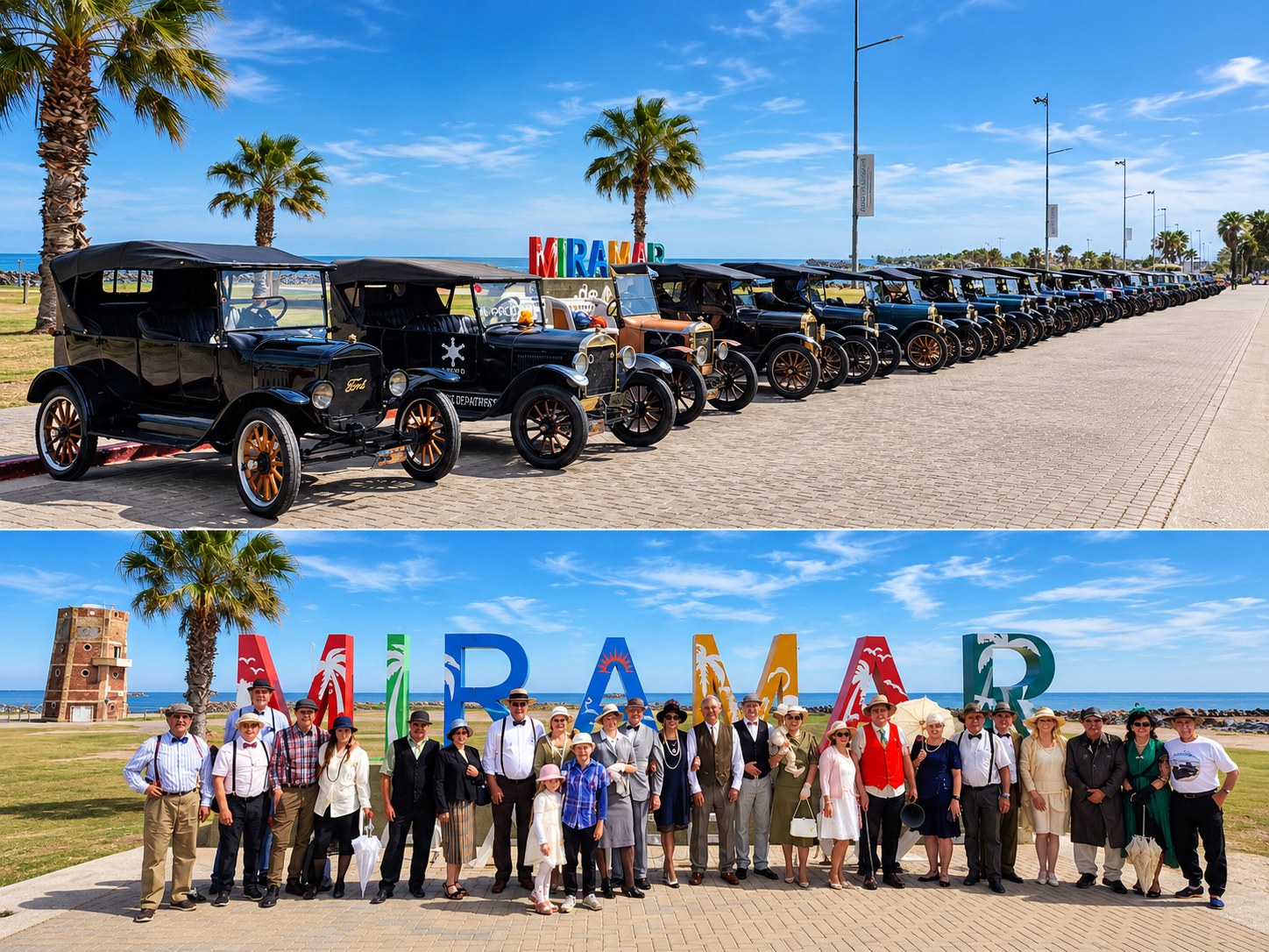 Ford T en la costanera de Miramar y grupo de participantes frente al cartel de Miramar