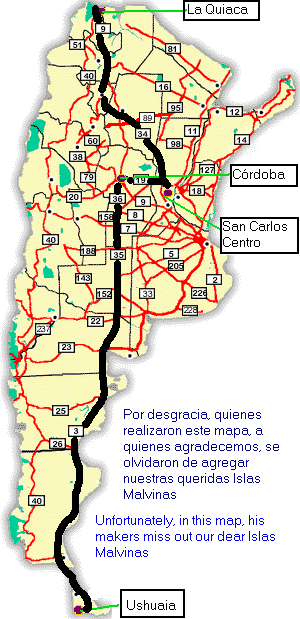 Mapa del recorrido La Quiaca – Ushuaia